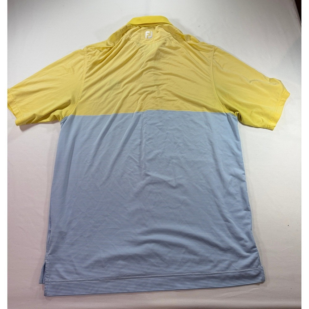 FootJoy FJ Performance Golf Polo Shirt Mens Large Yellow Blue Stripe Crest Logo - Picture 6 of 8